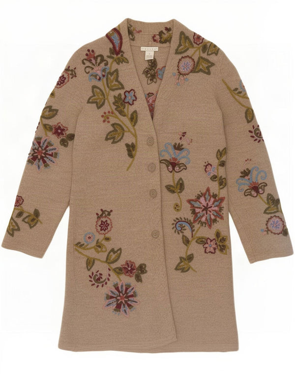 Maglione cardigan lungo da donna vintage UK 14 Lana floreale beige medio