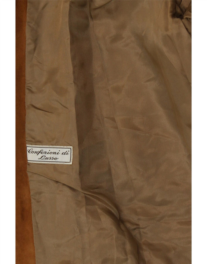 CONFEZIONI DI LUSSO Giacca blazer in pelle scamosciata da donna a 2 bottoni UK 14 Large Marrone