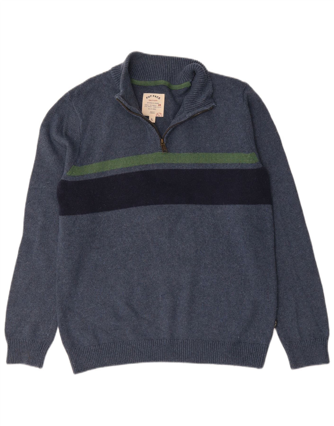 Maglione da uomo con collo con zip Fat Face, grande cotone a righe blu navy