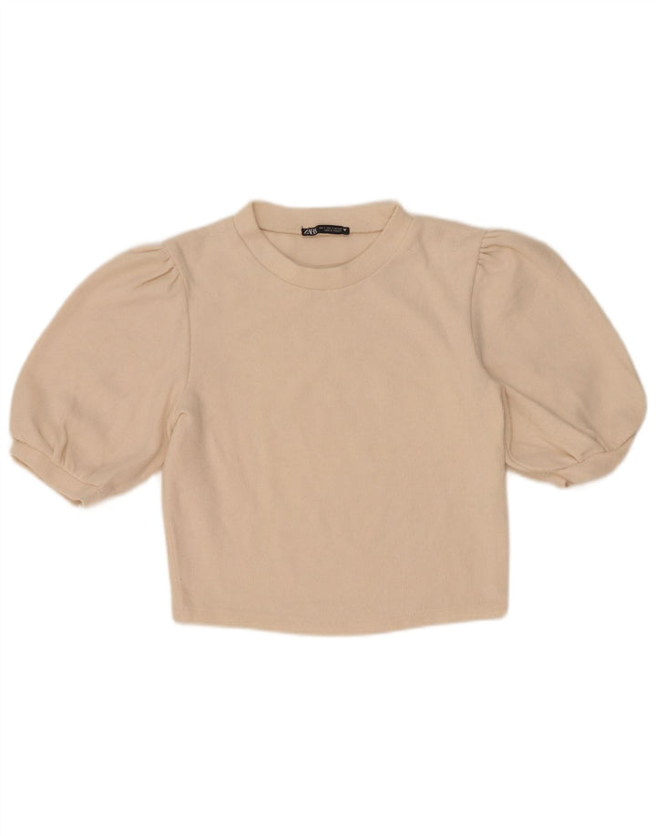 Top corto in camicetta corta da donna Zara UK 10 piccolo in cotone beige