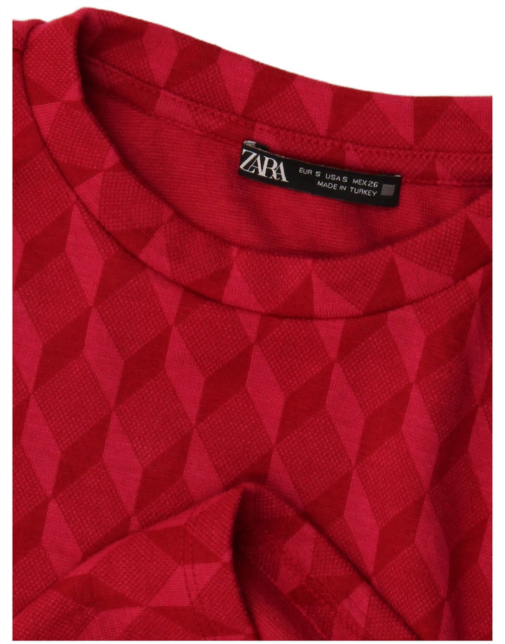 ZARA Top Corto da Donna a Maniche Lunghe UK 8 Piccolo Rosa Geometrico