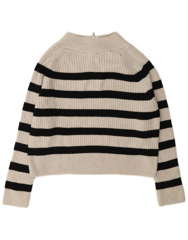 Zara Womens Zip Neck Jumper Sweater UK 14 Medium Off White Striped Acrylic