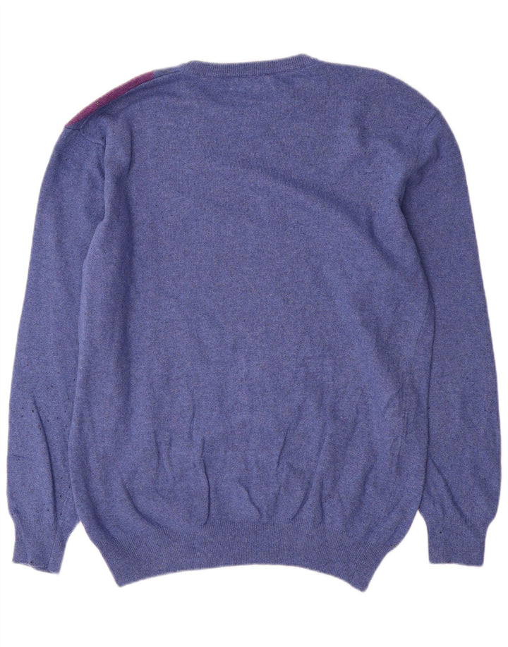 Maglione vintage da uomo girocollo, maglione grande, lana blu a rombi/diamante