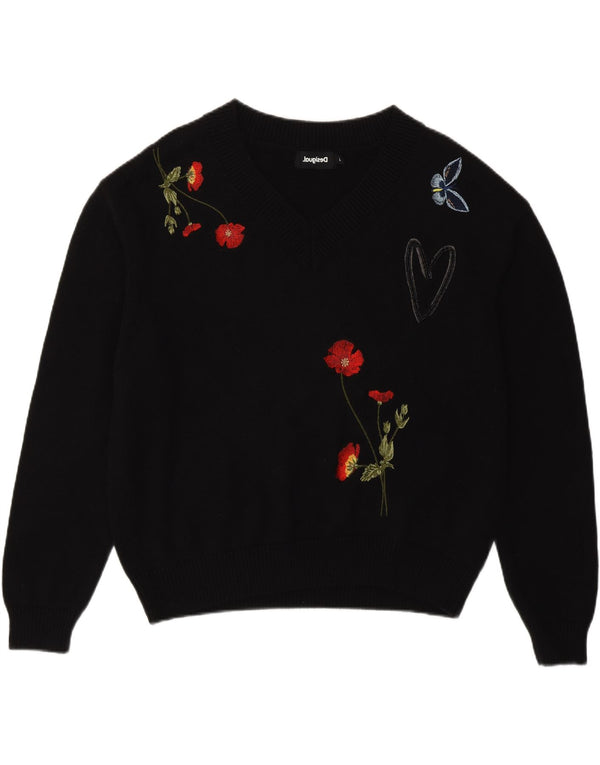 Desigual Donna Maglione con scollo a V vestibilità ampia UK 14 Grande floreale nero