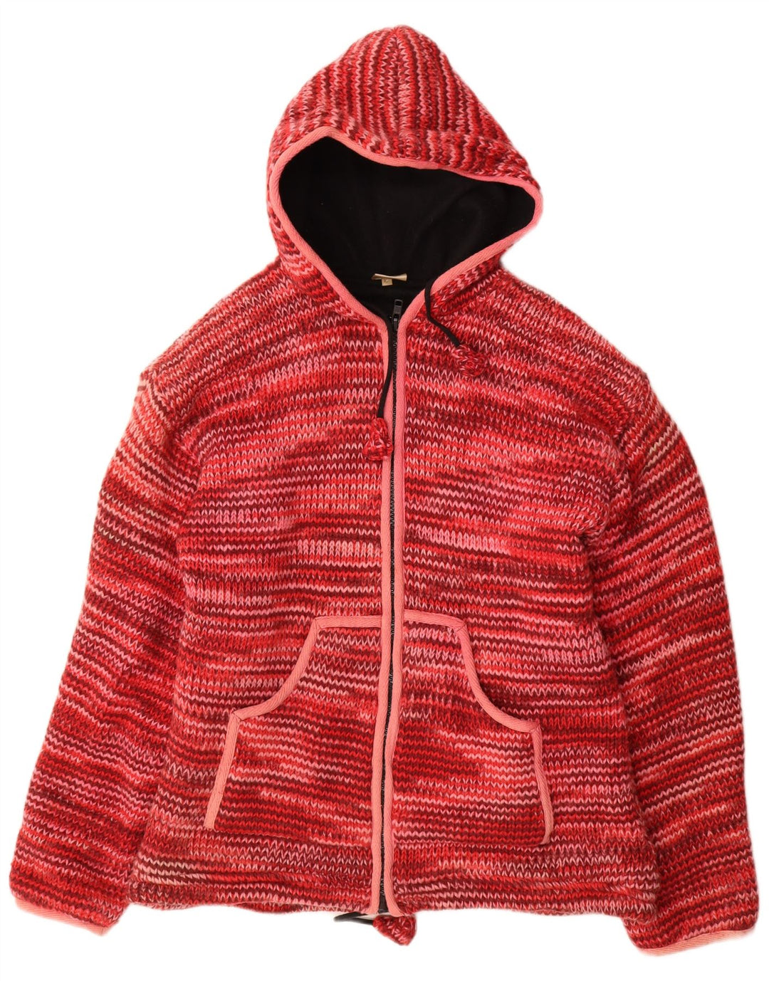 Maglione cardigan con cappuccio da donna VINTAGE UK 16 grande lana screziata rossa