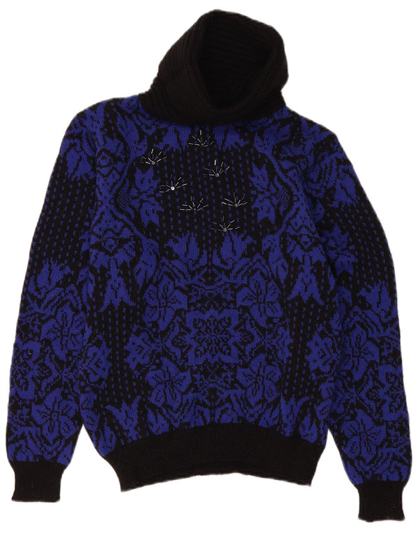 Maglione maglione vintage da donna con collo alto UK 14 medio nero floreale