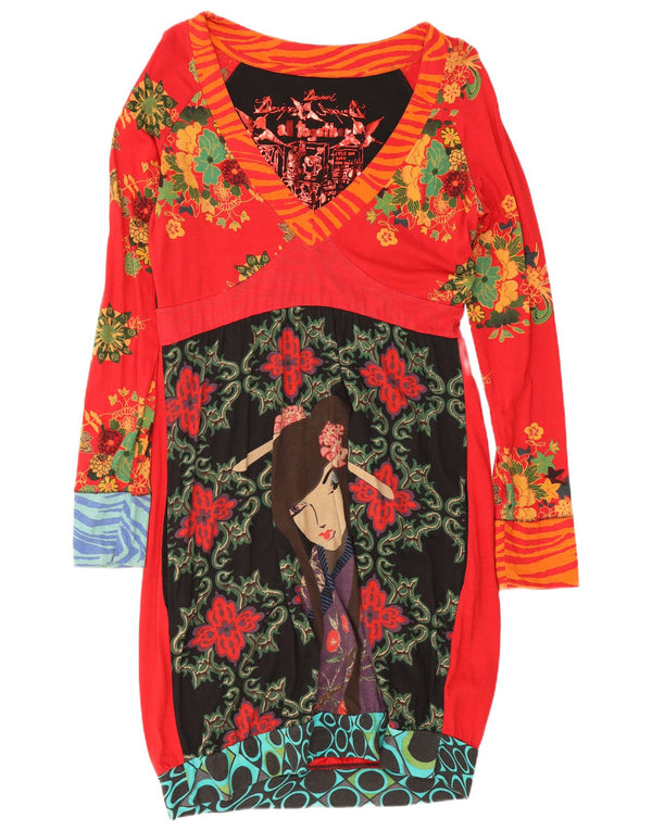 Desigual Abito a maniche lunghe grafico da donna UK 18 XL Cotone floreale rosso