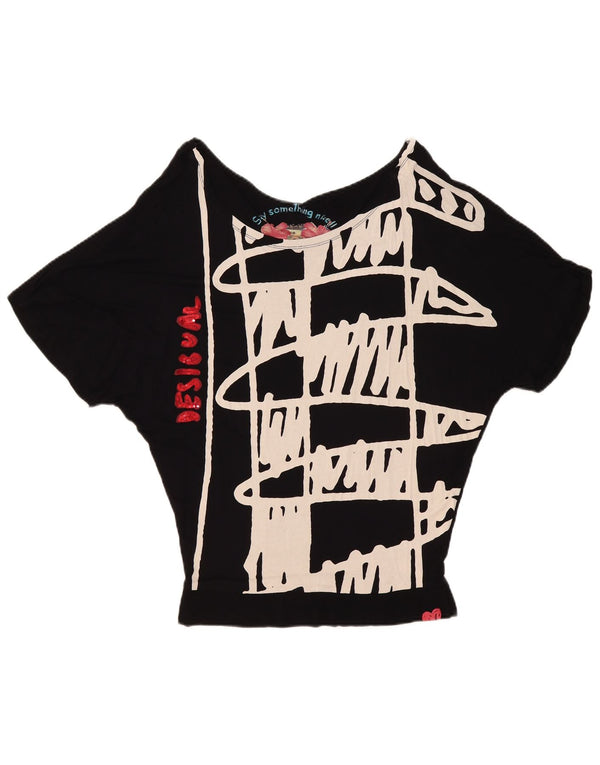 Desigual Donna Graphic Batwing Camicetta Top UK 10 Small Nero Geometrico