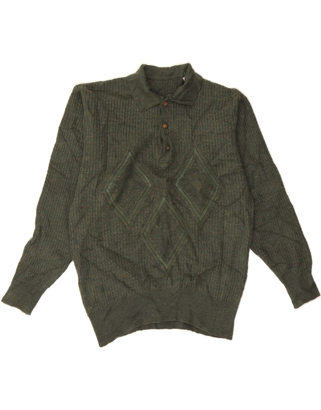 VINTAGE Mens Polo Neck Jumper Sweater Medium Green Argyle/Diamond Vintage Vintage and Second-Hand Vintage from Messina Hembry 