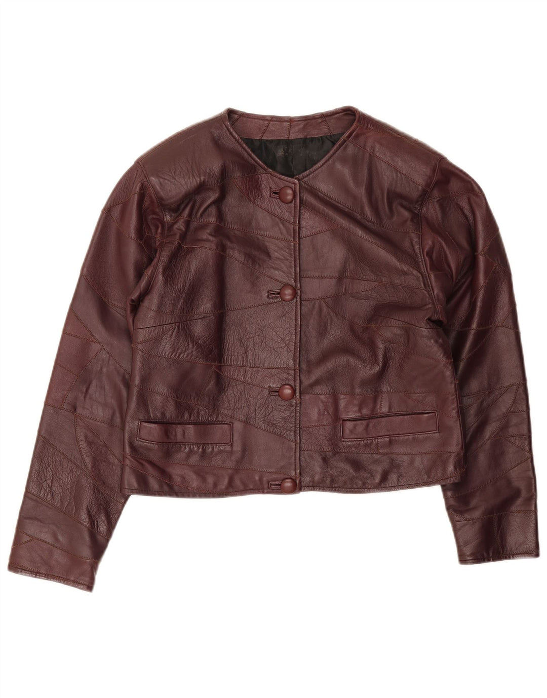 Giacca in pelle vintage da donna UK 14 Patchwork bordeaux medio
