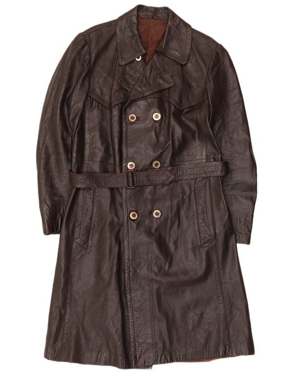 Cappotto in pelle doppiopetto vintage da uomo UK 36 piccolo marrone