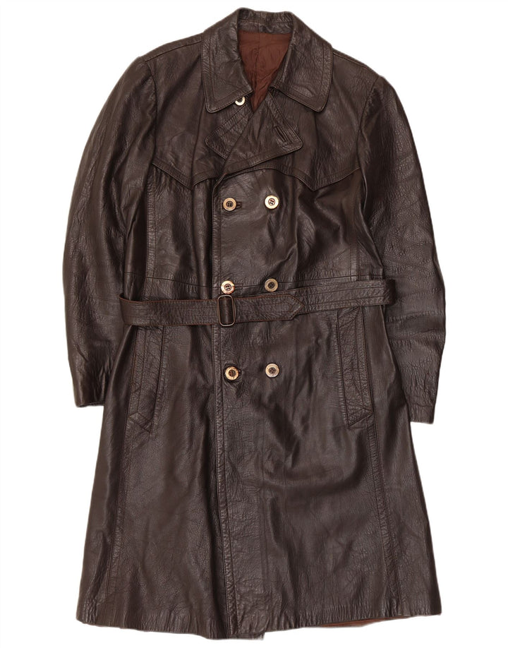 Cappotto in pelle doppiopetto vintage da uomo UK 36 piccolo marrone