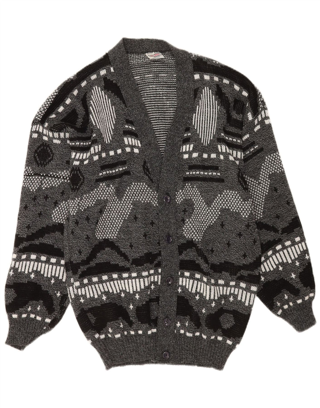 Maglione cardigan da uomo vintage XL acrilico geometrico grigio