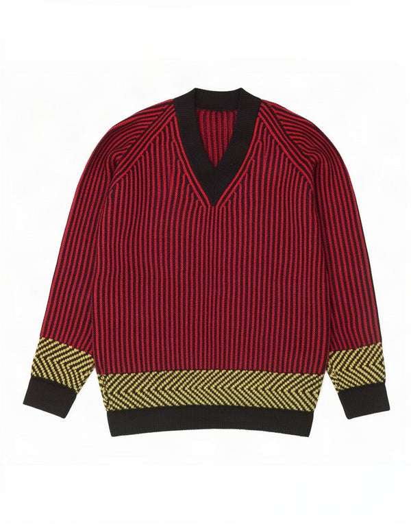 Maglione vintage da donna con scollo a V UK 12 a righe rosse medie