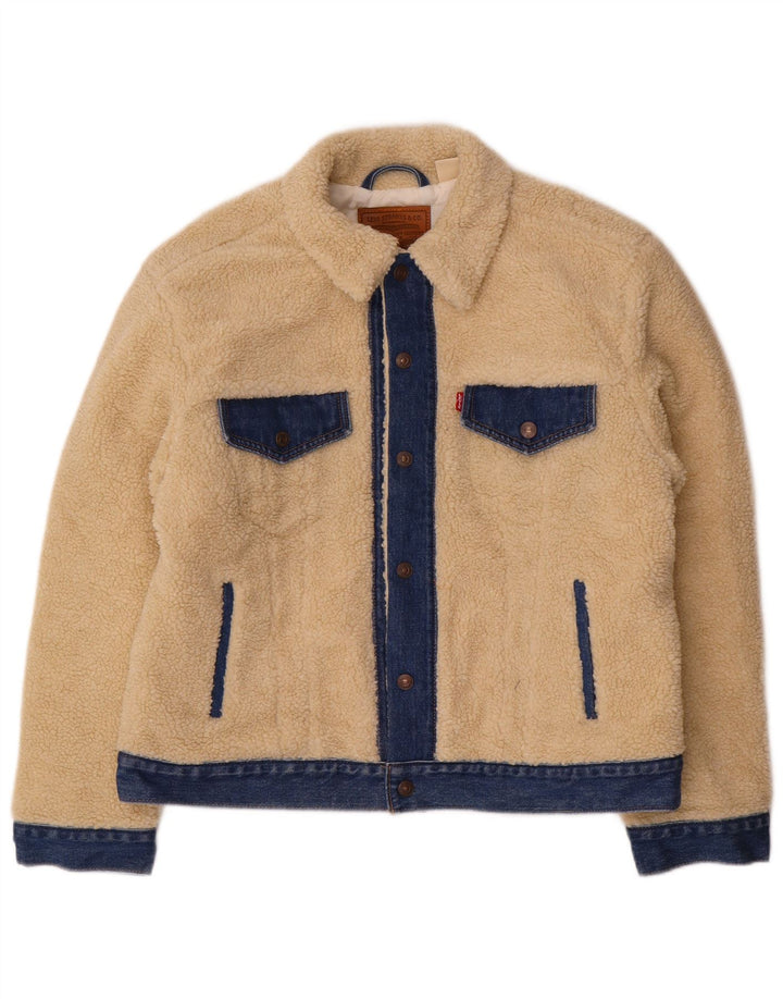 Giacca in pile di jeans corta da donna Levi's UK 16 Large Beige Colourblock