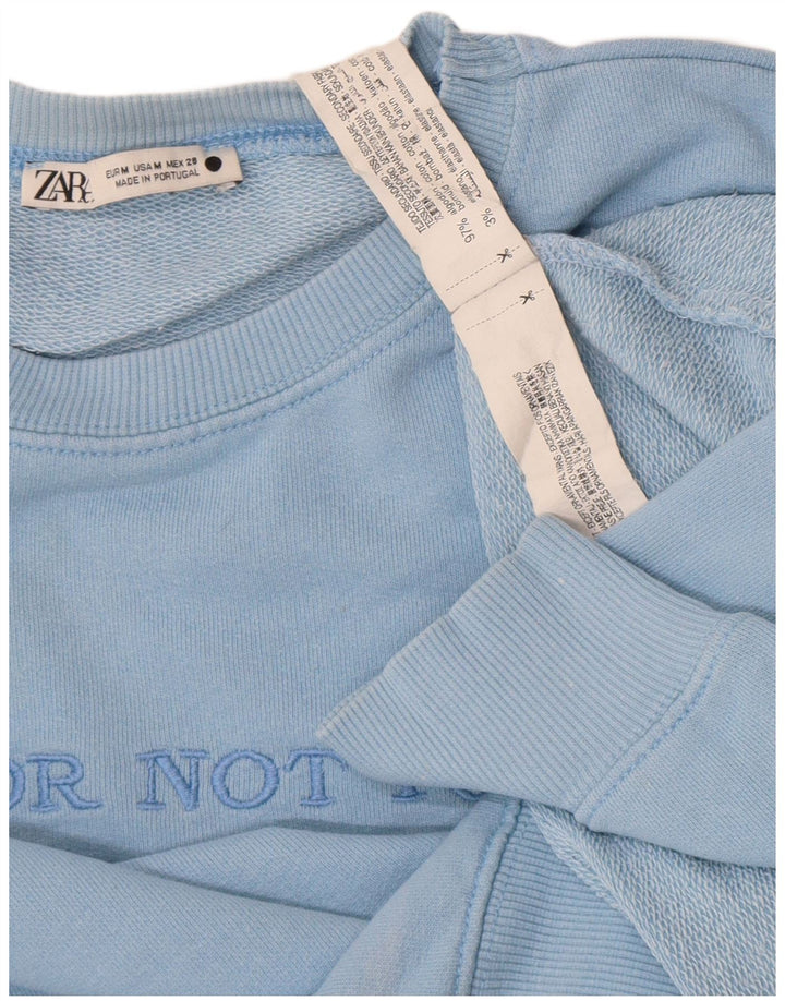 Felpa grafica da donna Zara, maglione UK 14, cotone blu medio