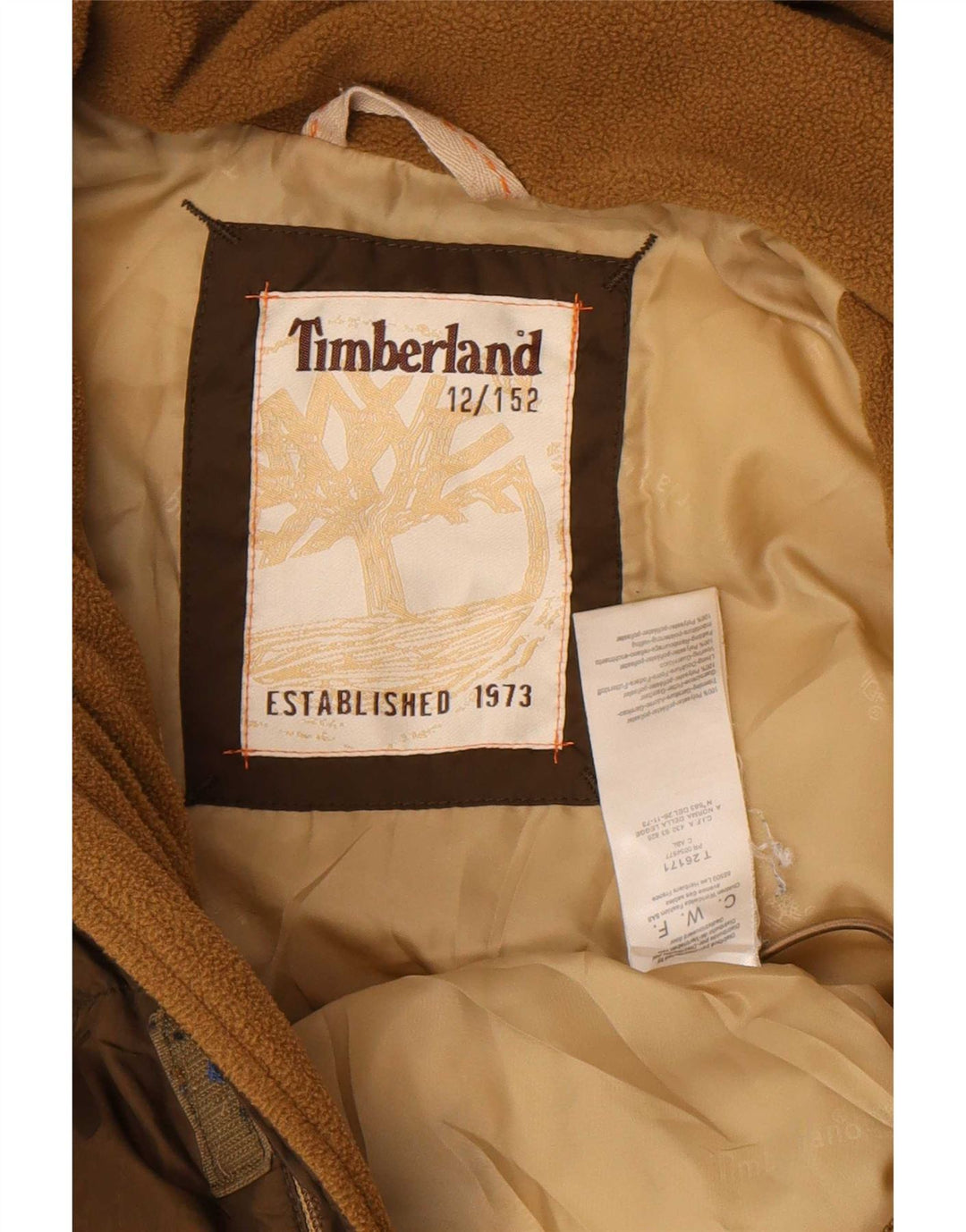 Giacca imbottita con grafica con cappuccio Timberland per ragazzi 11-12 anni in poliestere marrone