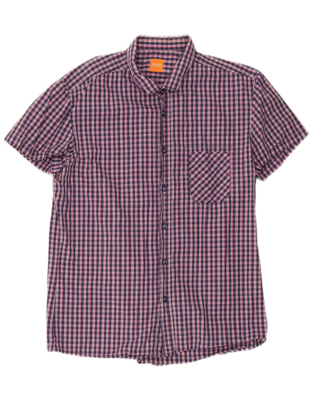 Camicia a maniche corte da uomo Hugo Boss Large in cotone a quadretti blu navy