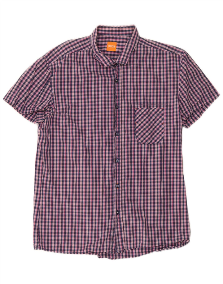 Camicia a maniche corte da uomo Hugo Boss Large in cotone a quadretti blu navy