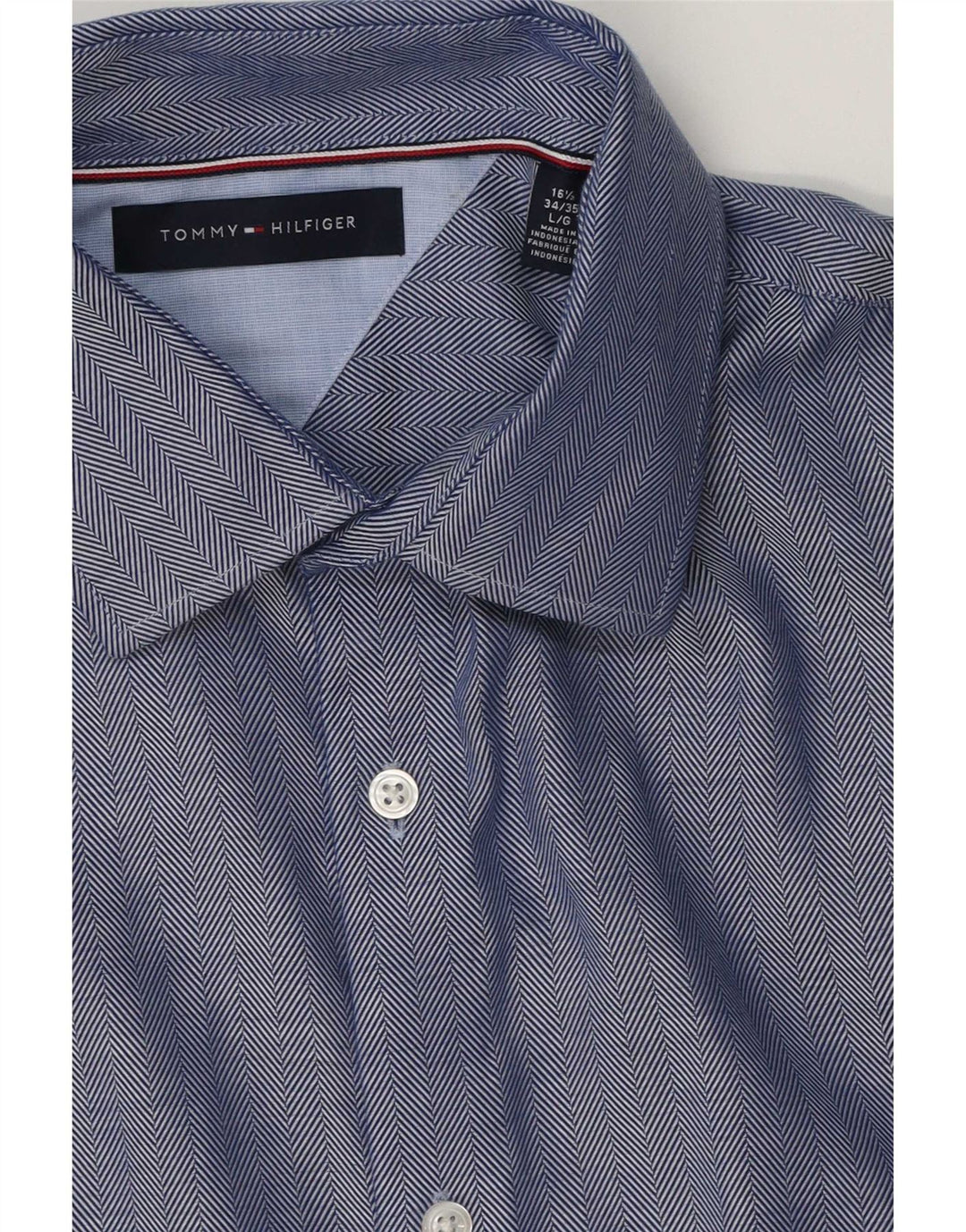 Camicia da uomo Tommy Hilfiger taglia 16 1/2 grande cotone a spina di pesce blu
