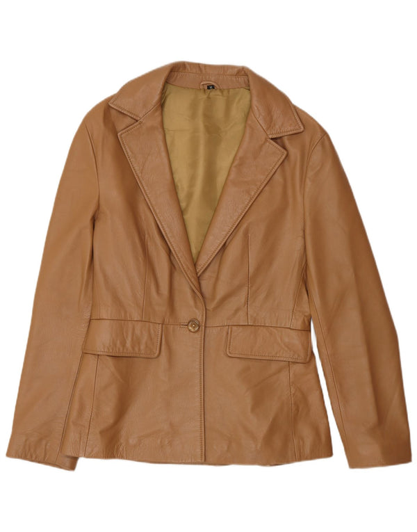 Giacca blazer in pelle vintage da donna a 1 bottone UK 12 in pelle marrone medio