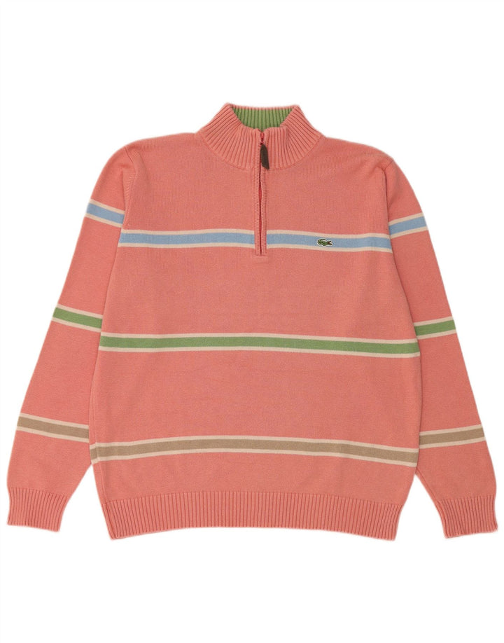 Maglione da donna con collo con zip Lacoste taglia 5 grande in cotone a righe rosa