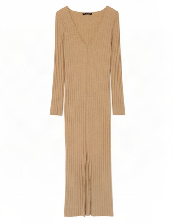 Vestito lungo a maniche lunghe da donna Zara UK 8 Small Beige Viscosa