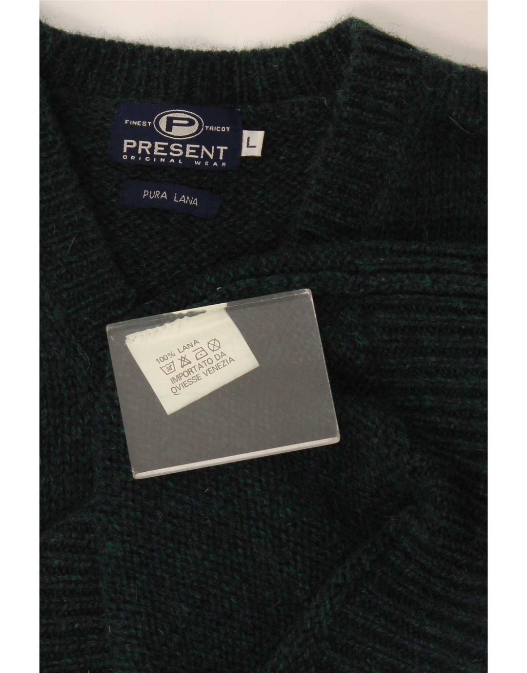 Maglione vintage da uomo con scollo a V, lana a righe verdi grandi