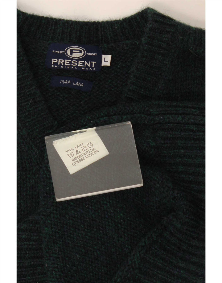 Maglione vintage da uomo con scollo a V, lana a righe verdi grandi