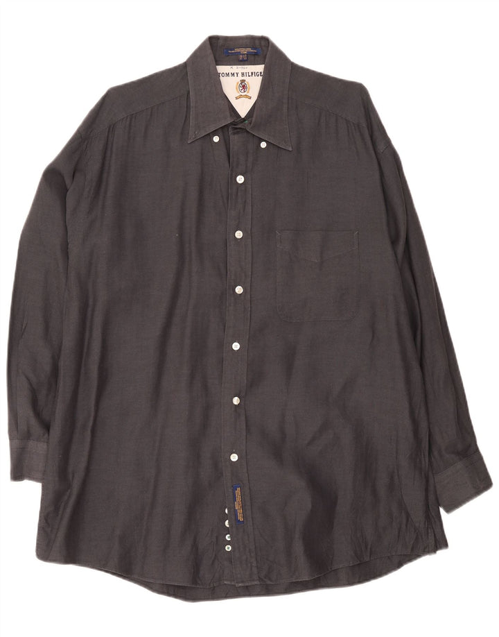 Camicia da uomo Tommy Hilfiger taglia 16 1/2 grande cotone grigio a spina di pesce