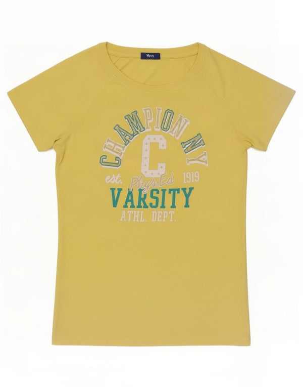 T-shirt grafica da donna Champion Top UK 14 grande cotone giallo