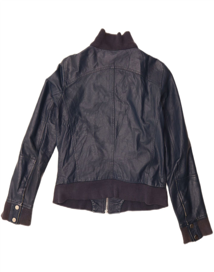 Giacca in pelle corta da donna vintage IT 44 media pelle blu navy