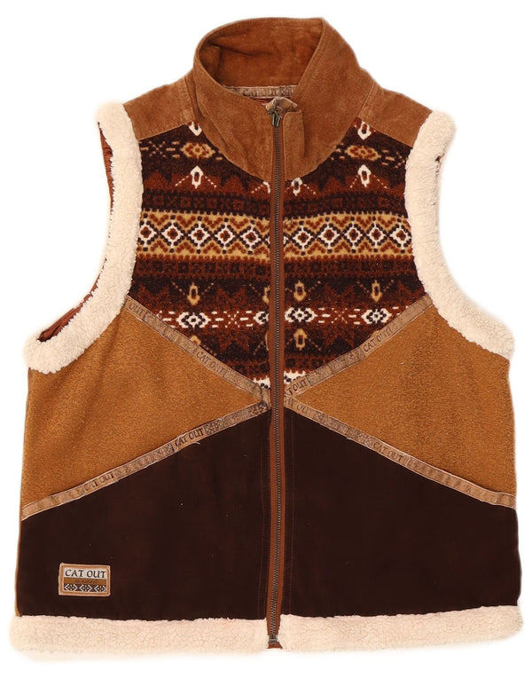 Gilet vintage da donna in pelle scamosciata UK 14 in pelle geometrica marrone medio