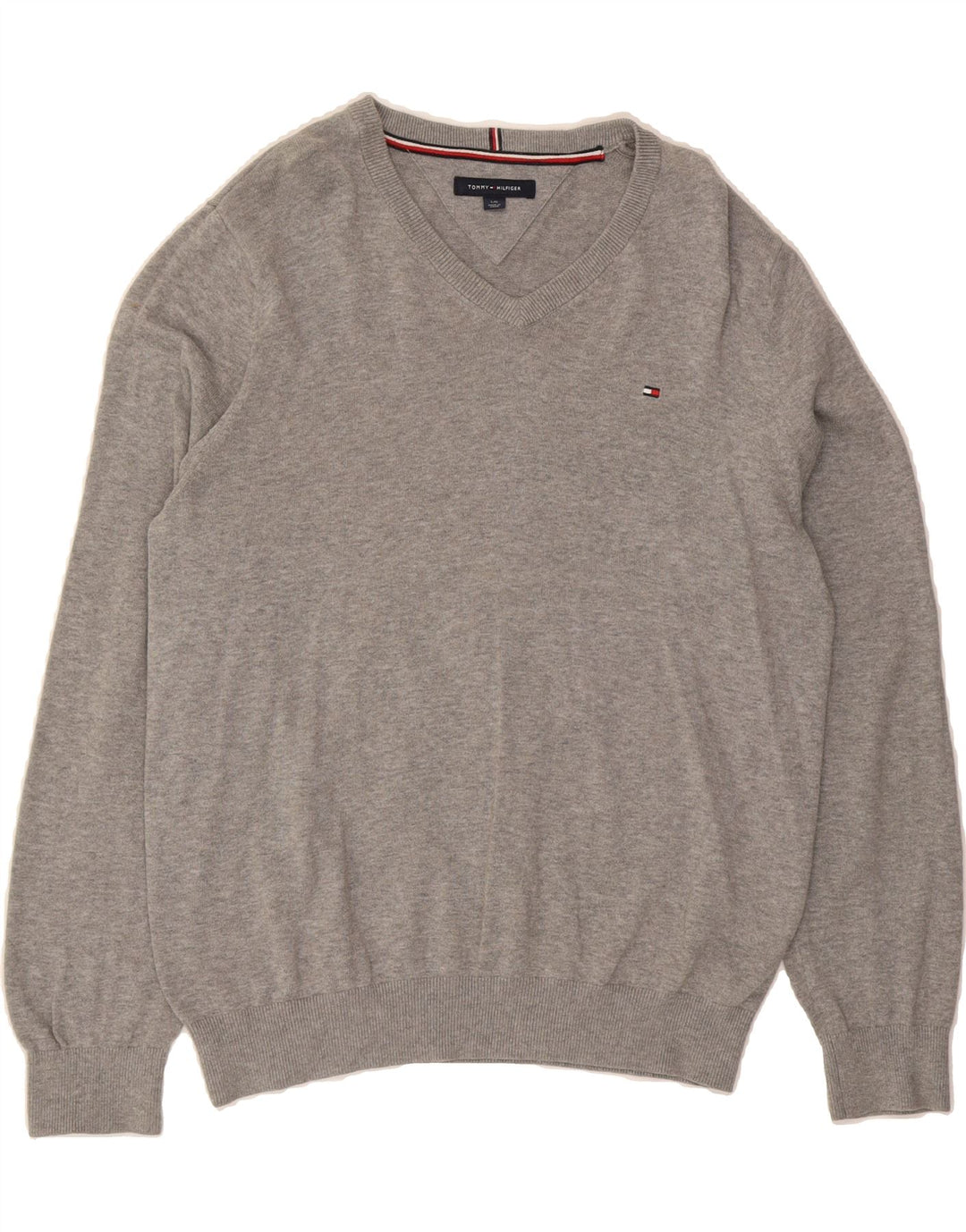 TOMMY HILFIGER Womens V-Neck Jumper Sweater Large Grey Cotton Vintage Tommy Hilfiger and Second-Hand Tommy Hilfiger from Messina Hembry 