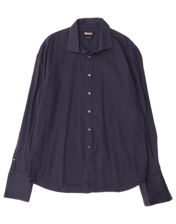 Camicia DKNY da uomo slim fit taglia 17 1/2 44 XL cotone blu navy