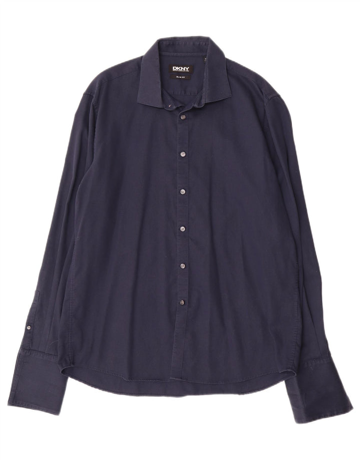 Camicia DKNY da uomo slim fit taglia 17 1/2 44 XL cotone blu navy