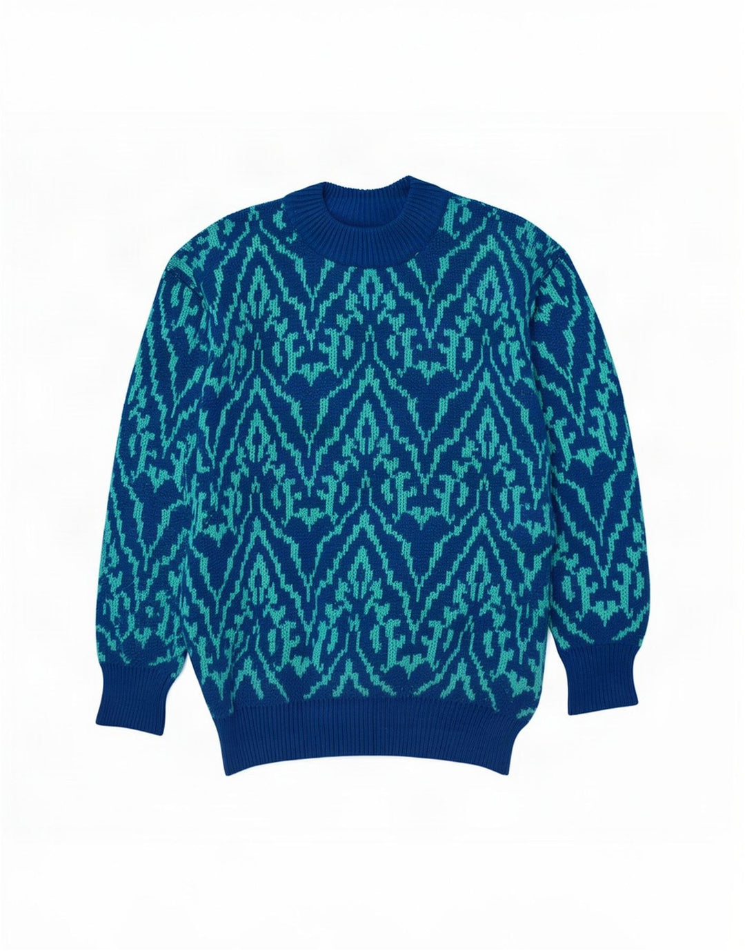 Maglione maglione girocollo da uomo vintage blu medio con motivi cachemire