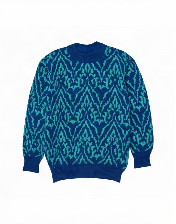 Maglione maglione girocollo da uomo vintage blu medio con motivi cachemire