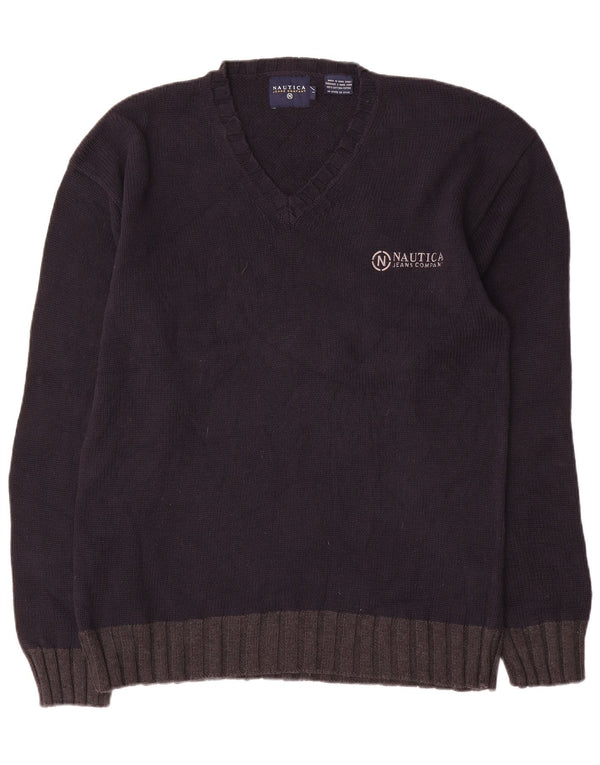 Maglione da uomo con scollo a V Nautica, grande cotone color block blu navy