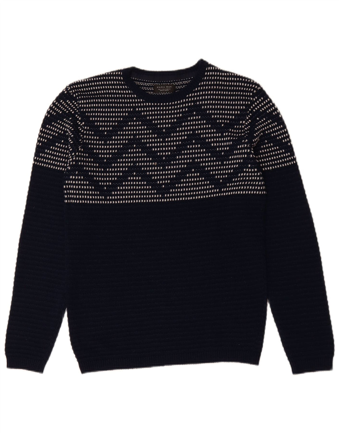 ZARA Mens Crew Neck Jumper Sweater Small Navy Blue Chevron