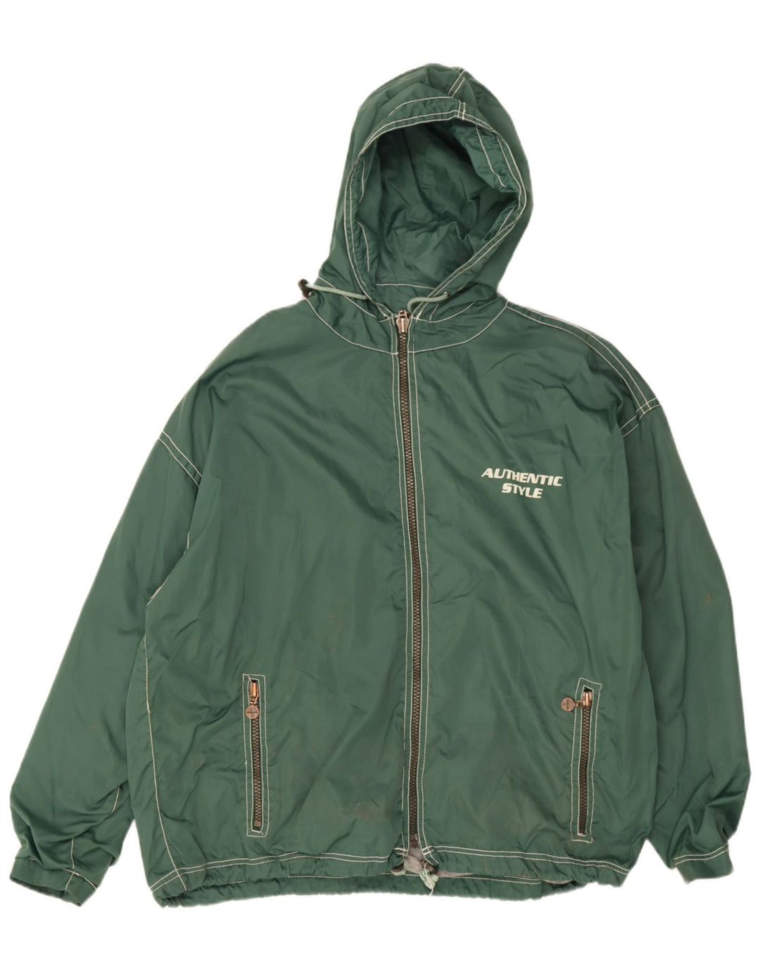 Autentica giacca a vento con cappuccio grafica da uomo UK 40 Large Green Nylon