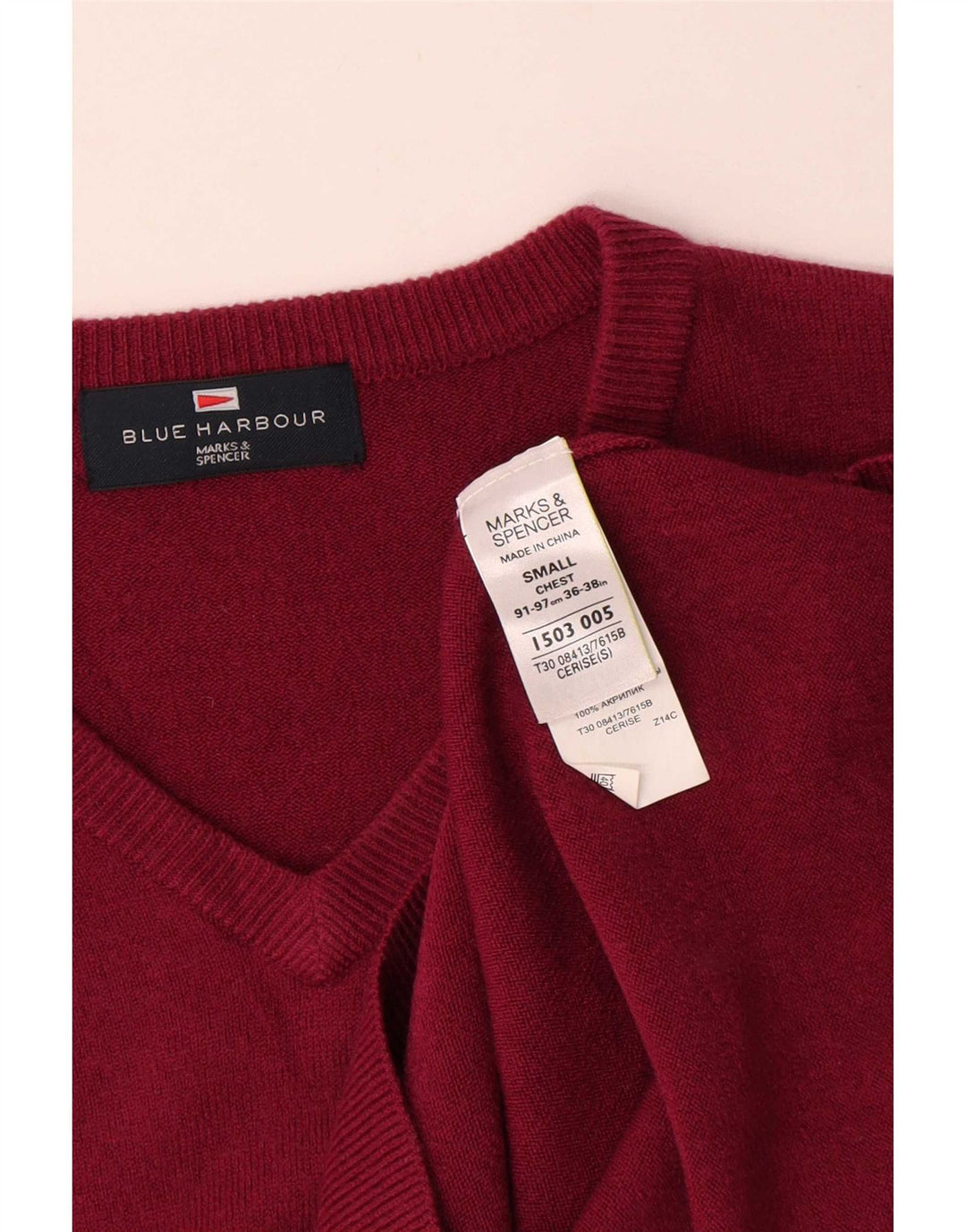 Maglione da uomo con scollo a V blu Harbour Marks & Spencer piccolo acrilico rosso