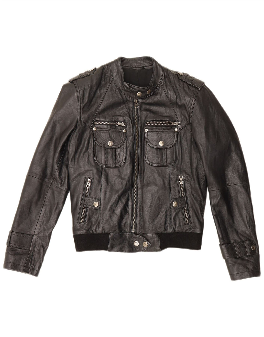 Giacca da pilota in pelle militare vintage da donna UK 12 in pelle nera media