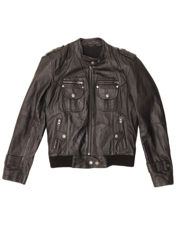Giacca da pilota in pelle militare vintage da donna UK 12 in pelle nera media