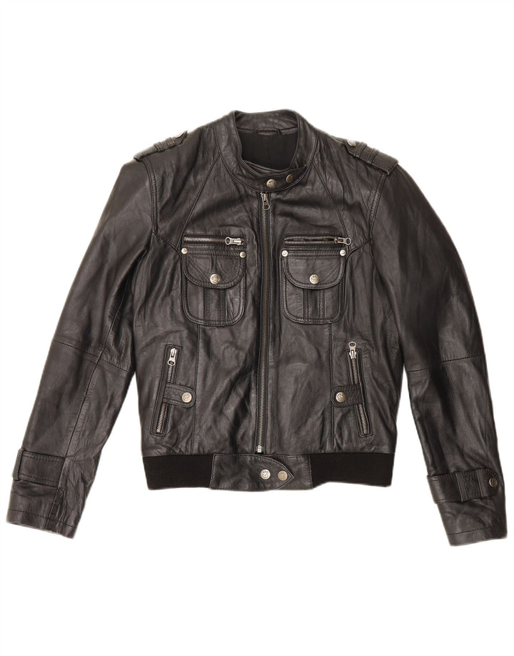 Giacca da pilota in pelle militare vintage da donna UK 12 in pelle nera media