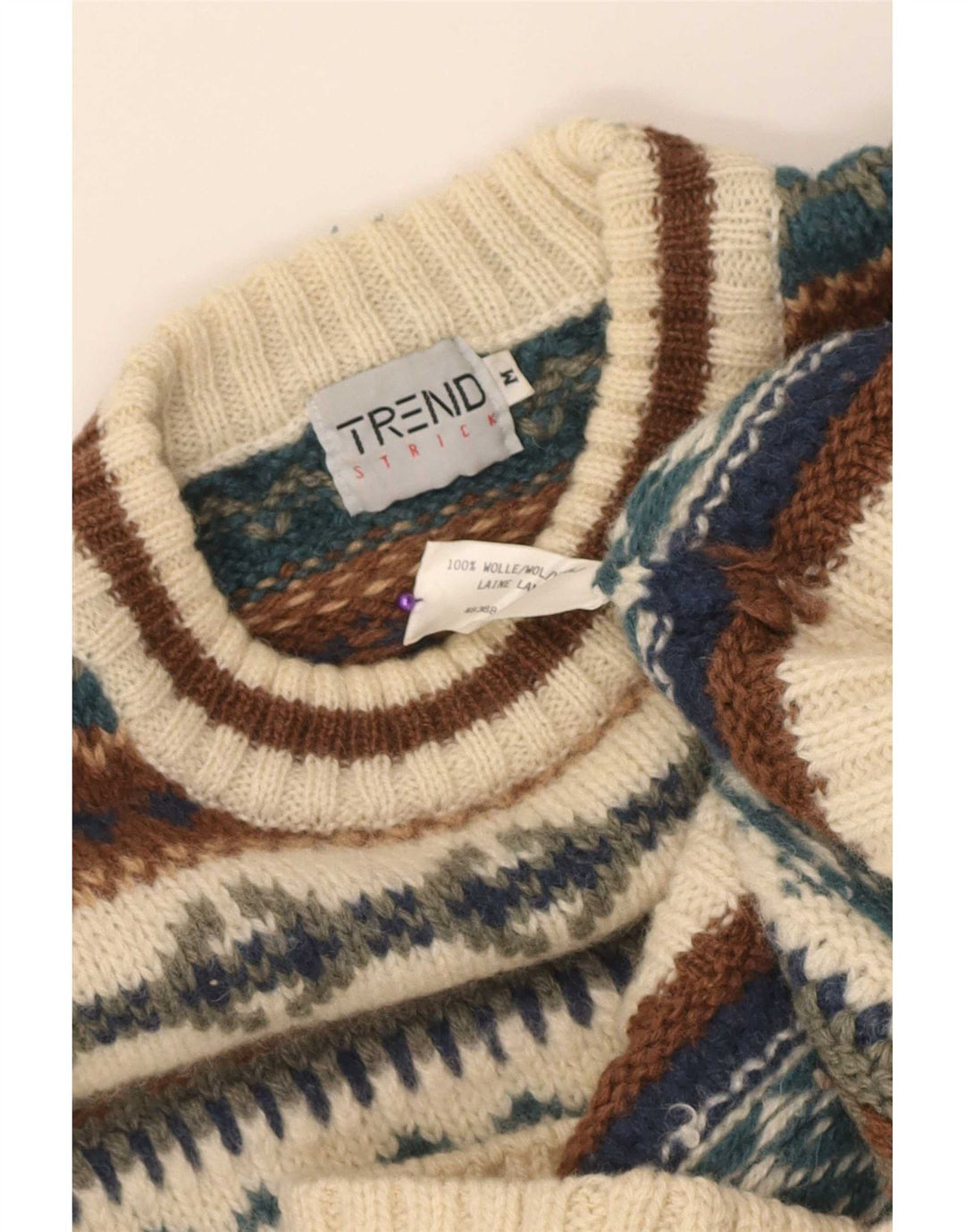 Maglione vintage da uomo girocollo in lana Fair Isle beige medio