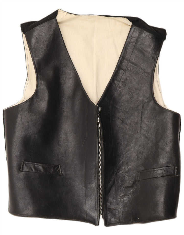 VINTAGE Mens Leather Waistcoat Large Black