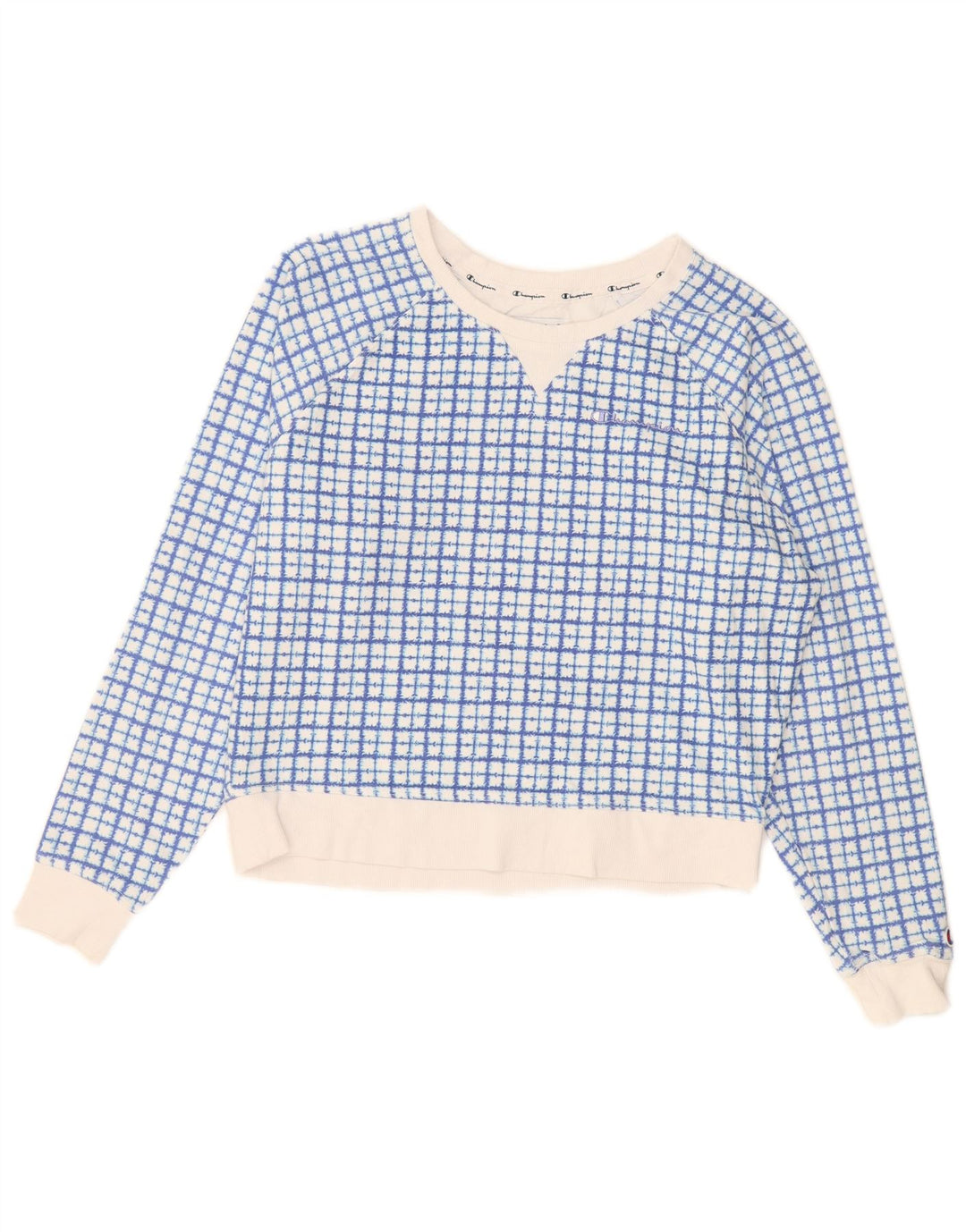CHAMPION Womens Crop Sweatshirt Jumper UK 16 Large Blue Check Cotton