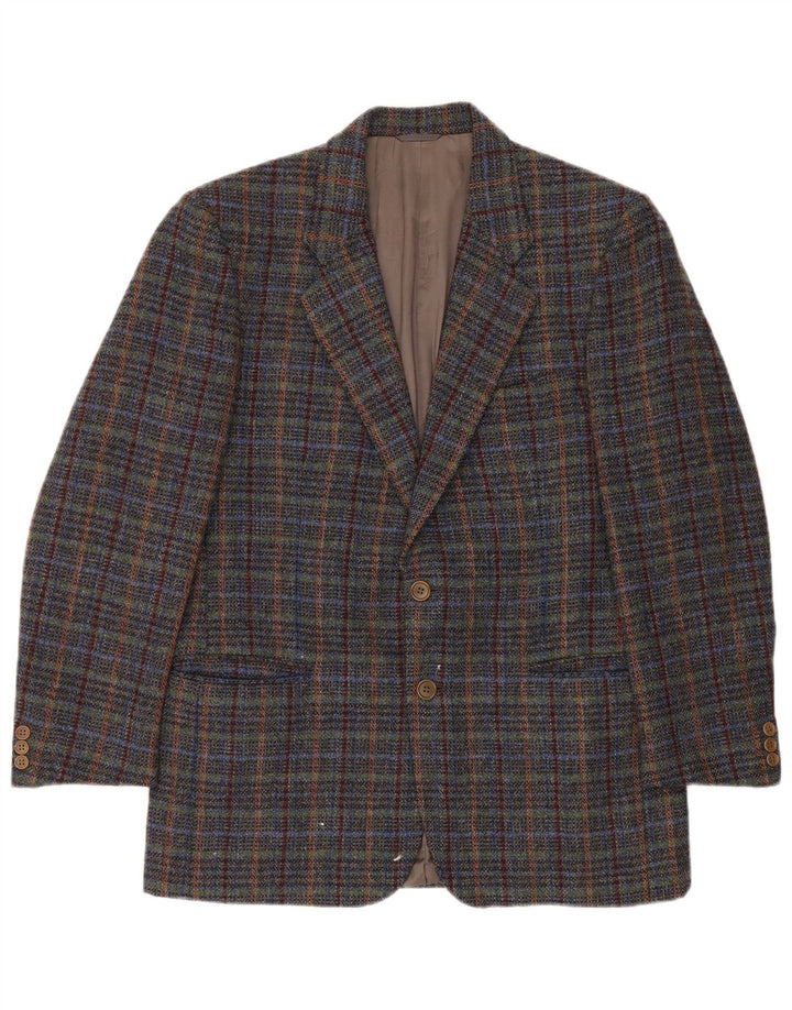 Giacca blazer vintage da uomo a 2 bottoni UK 40 grande lana a quadri grigi