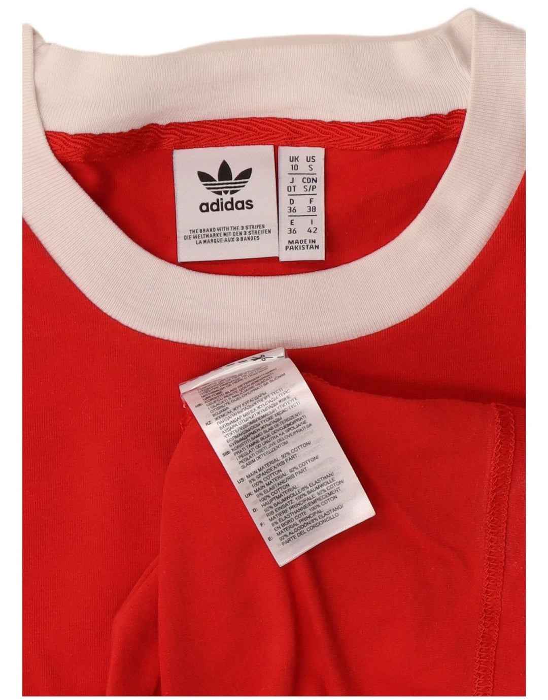 Adidas Donna Top Manica Lunga UK 10 Piccolo Rosso a Righe in Cotone